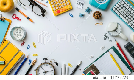 Colorful Education Back to School Background with Stationery Supplies on White Desk for Learning and Creativity 117732292