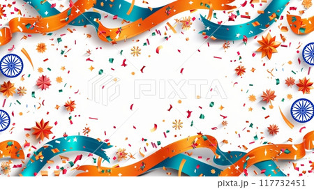 India Independence Day Celebration Background with Tricolor Ribbons, Confetti, and Ashoka Chakra for Festive Design India Independence Day Celebration Background with Tricolor Ribbons, Confetti, and Ashoka Chakra for Festive Design 117732451