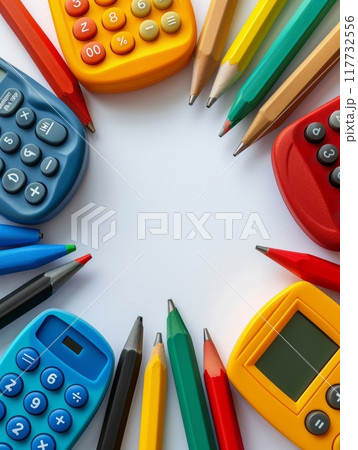 Colorful Back to School Frame Background with Pencils, Calculators, and Stationery for Educational Themes Colorful Back to School Frame Background with Pencils, Calculators, and Stationery for Educational Themes 117732556