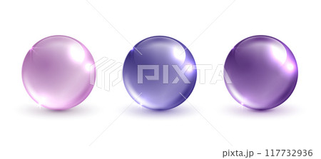 Glass cosmetics ball, shiny and purple glass balls collection on white background. vector round circle. 117732936