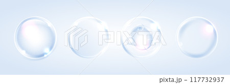 Hyaluronic acid bubbles, collagen clear drops on blue background. cosmetic serum. osmetic essence. concept skincare cosmetics solution. 117732937