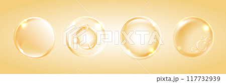 Collagen serum, water drops of liquid on orange background. pink collagen serum bubbles. beauty product, moisture. skin care cosmetic hydration spots solution. vitamin C. vector design. 117732939