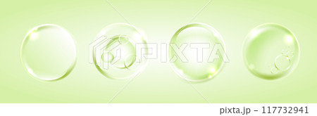 Serum, water drops of liquid or collagen on green background. beauty product, moisture, skincare colorful bubbles. skin care cosmetic hydration spots solution. 117732941