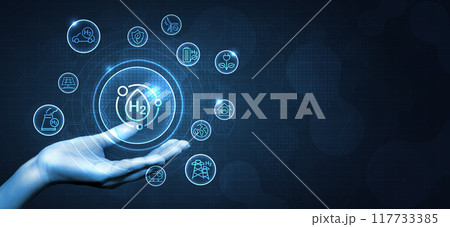 Hydrogen H2 production with icon. renewable energy source. renewable Eco energy. hydrogen energy powered by renewable electricity with water molecule in transparent style. vector design. Hydrogen H2 production with icon. renewable energy source. renewable Eco energy. hydrogen energy powered by renewable electricity with water molecule in transparent style. vector design. 117733385