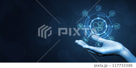 Hydrogen H2 production with icon. renewable energy source. renewable Eco energy. hydrogen energy powered by renewable electricity with water molecule in transparent style. vector design. Hydrogen H2 production with icon. renewable energy source. renewable Eco energy. hydrogen energy powered by renewable electricity with water molecule in transparent style. vector design. 117733386