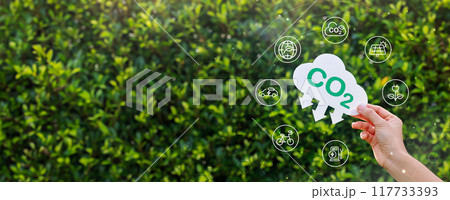 Hand holding with cloud for co2, ESG and net zero. energy saving concept. save our planet, world environment day, world earth day. sustainable development and green business. 117733393