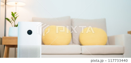 Air Purifier in cozy living room. Purification system for filter and cleaning or removing dust PM2.5 HEPA and virus in home. Allergy, Pure air, health lifestyle, Wellness life and Air Pollution Air Purifier in cozy living room. Purification system for filter and cleaning or removing dust PM2.5 HEPA and virus in home. Allergy, Pure air, health lifestyle, Wellness life and Air Pollution 117733440