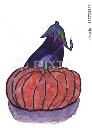 手描きの水彩画(絵手紙)「茄子」と「カボチャ」 手描きの水彩画(絵手紙)「茄子」と「カボチャ」 117733585