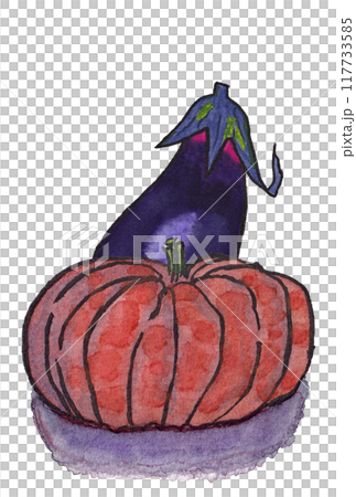 手描きの水彩画(絵手紙)「茄子」と「カボチャ」 手描きの水彩画(絵手紙)「茄子」と「カボチャ」 117733585