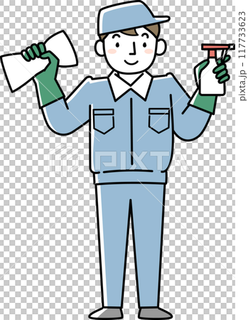A man in work clothes holding cleaning tools 117733623