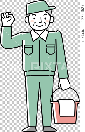 一位穿著工作服的老人拿著清潔工具擺姿勢 117733625