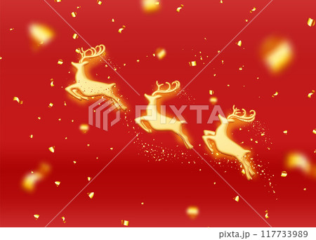 3D gold christmas deer in confetti banner. 117733989