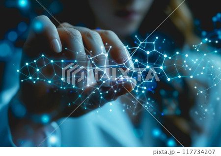 A scientist in a lab uses their hand to interact with a virtual molecular structure. 117734207