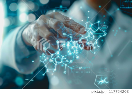 A scientist in a lab uses their hand to interact with a virtual molecular structure. 117734208