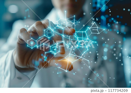 A scientist in a lab uses their hand to interact with a virtual molecular structure. 117734209