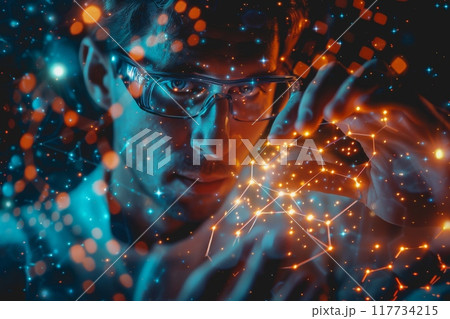 A scientist in a lab uses their hand to interact with a virtual molecular structure. 117734215