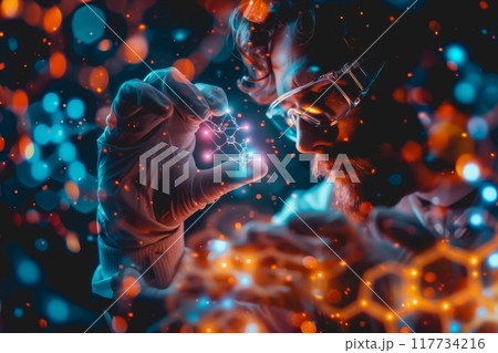 A scientist in a lab uses their hand to interact with a virtual molecular structure. 117734216