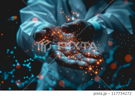 A scientist in a lab uses their hand to interact with a virtual molecular structure. 117734272