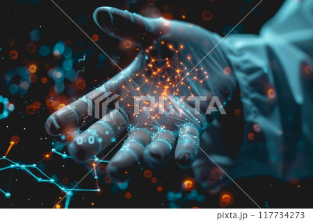 A scientist in a lab uses their hand to interact with a virtual molecular structure. 117734273