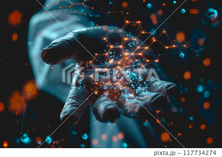 A scientist in a lab uses their hand to interact with a virtual molecular structure. 117734274