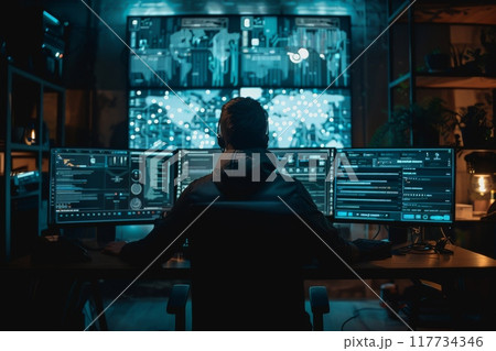 Digital Analyzing Data Center on Multiple Screens in a Modern Cybersecurity Lab Environment. 117734346