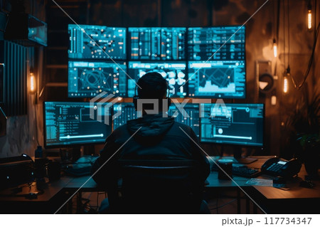 Digital Analyzing Data Center on Multiple Screens in a Modern Cybersecurity Lab Environment. 117734347