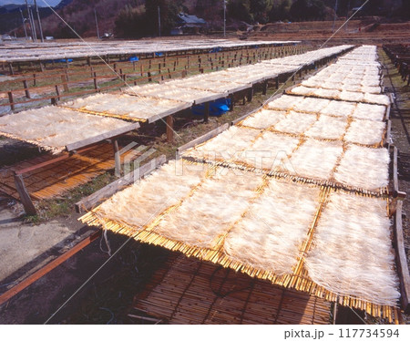関西の冬の風物詩、猪名川町下阿古谷・阿古谷地区の「寒天の天日干し」 117734594