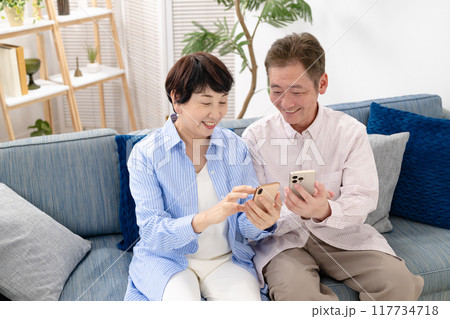 スマホを持つシニア夫婦 117734718