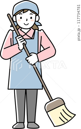 清掃道具を持つエプロンを着けた女性 117734781