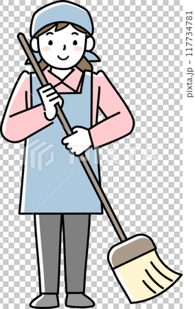 清掃道具を持つエプロンを着けた女性 117734781