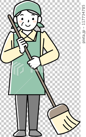 清掃道具を持つエプロンを着けたシニア女性 117734785