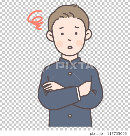 腕組みしながら悩む学ランの男子学生 117735096