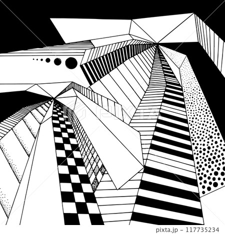 Abstract 3d design poster. Vector background with retro space pattern. 3d shape art. Brutal abstract elements. Graphic geometry. Creative vintage grid posters. 1970s and 1980s y2k futuristic landscape 117735234