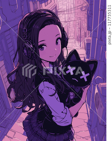 X印の目のぬいぐるみを抱いた黒髪ロングヘアーの少女 117735311