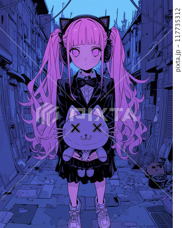 X印の目のぬいぐるみを抱いたツインテールの少女 X印の目のぬいぐるみを抱いたツインテールの少女 117735312