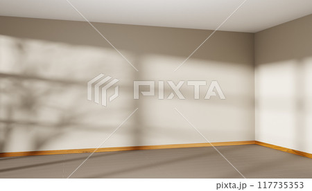 3d empty room interior with window shadow on pastel light beige wall, wood floor and white ceiling render. Blank corner of house in perspective, modern living room, office or studio. 3D illustration 3d empty room interior with window shadow on pastel light beige wall, wood floor and white ceiling render. Blank corner of house in perspective, modern living room, office or studio. 3D illustration 117735353