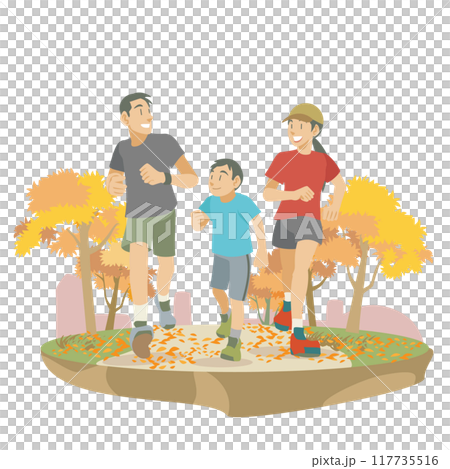 一個家庭在秋季公園跑步的插圖 117735516