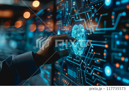A businessman uses a touch to interact with a neural network abstract technology 117735573