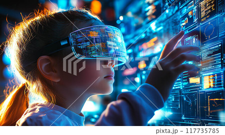 A young girl wars VR glasses, engaged in an online educational experience. The concept of the future of learning, technology in education, and immersive virtual reality for kids. Generative AI. A young girl wars VR glasses, engaged in an online educational experience. The concept of the future of learning, technology in education, and immersive virtual reality for kids. Generative AI. 117735785