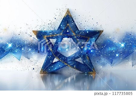 Blue star of David with gold inserts is surrounded by a blue and white background 117735805
