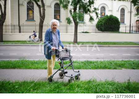 Beautiful elderly woman walking on city street with rollator, going shopping to the store. Beautiful elderly woman walking on city street with rollator, going shopping to the store. 117736001