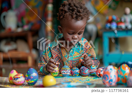 A young child is creatively adorning Easter eggs with vibrant colors.. 117736161