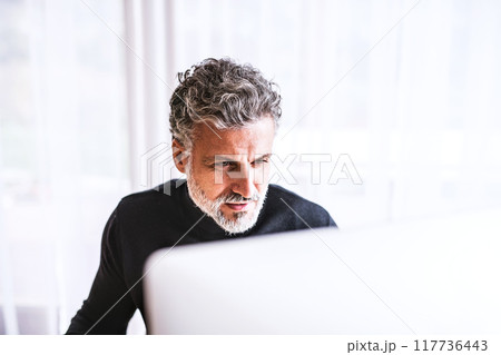 Homeoffice for handsome man. Man working on computer from home. Telecommuting. Homeoffice for handsome man. Man working on computer from home. Telecommuting. 117736443