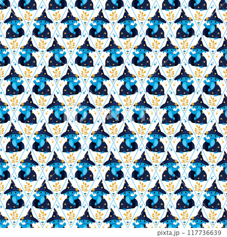 A magical seamless pattern with a dragon sorcerer holding a magic wand. A magical seamless pattern with a dragon sorcerer holding a magic wand. 117736639