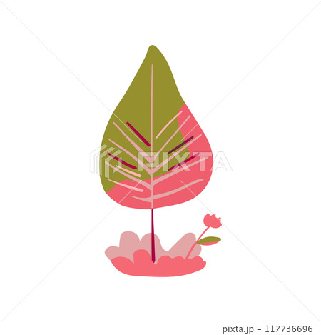 Hand drawn tree with pink and coral branches and a flower, with green grass. Simple design. Flat vector illustration. Botanical Icon 117736696
