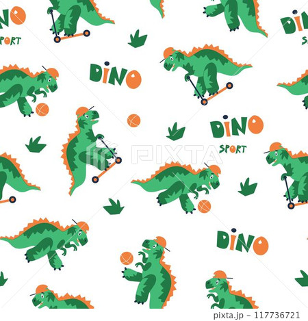 Dinosaurs seamless pattern. Dinosaurs on skateboard and with ball. Flat children vector background. Suitable for printing on paper and fabric. Dinosaurs seamless pattern. Dinosaurs on skateboard and with ball. Flat children vector background. Suitable for printing on paper and fabric. 117736721