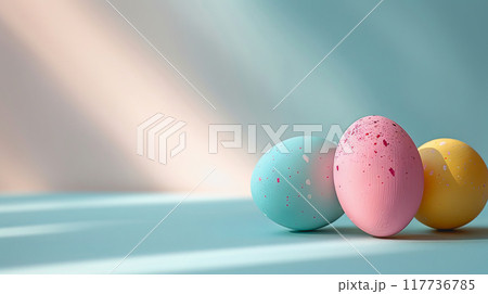 Easter eggs on blank background with pastel colours, leaving ample space for text 117736785
