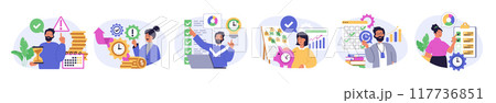 Time management concept set in flat design for web. Collection with people managing daily schedule with calendar, planning tasks in checklists, making work efficiency to deadline. Vector illustration. 117736851