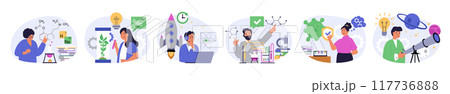 Science lab concept set in flat design for web. Collection with people making chemical research in flask, learning plants or viruses, working at astronomy engineering programs. Vector illustration. Science lab concept set in flat design for web. Collection with people making chemical research in flask, learning plants or viruses, working at astronomy engineering programs. Vector illustration. 117736888