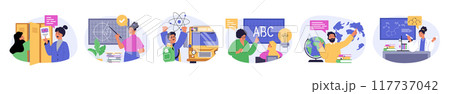 School learning concept set in flat design for web. Collection with people studying and teaching, classmates reading books, hurry to bus, answering at lessons and seminars. Vector illustration. 117737042